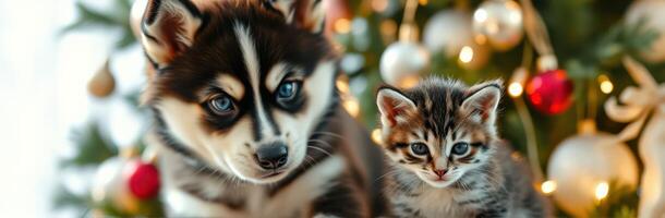 Puppy and Kitten Celebrating Christmas Together. Cute Festive Pets with Blue Eyes Under the Tree photo