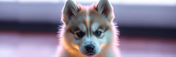 Cute Adorable Puppy Close-Up Portrait in Soft Light with Furry Friend and Warm Colors photo