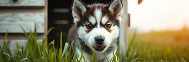 Cute Playful Husky Puppy Exploring Garden Outdoors with Joyful Energy and Charming Colorful Vivid Fur photo