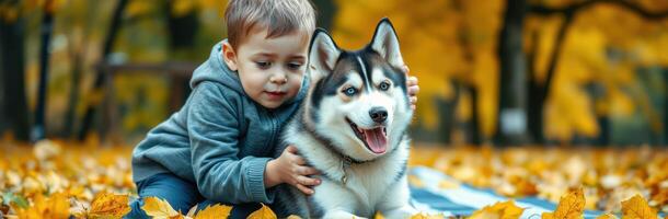 Child and Dog Playful Friendship in Autumn Leaves. Joyful Moments Outdoors in a Forest Park photo