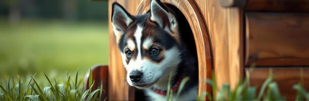 Cute Adorable Mixed Breed Puppy Husky Portrait Outdoors in Wooden Dog House with Colorful Eyes and Playful Expression photo