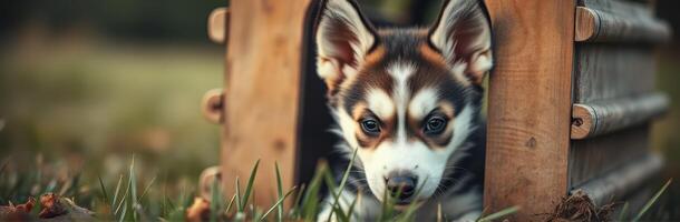 Cute and Playful Puppy Hiding in Doghouse with Adorable Eyes and Furry Ears in a Cozy Outdoor Garden Setting photo