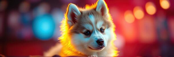 Cute and Adorable Fluffy Puppy Portrait with Charming Eyes and Funny Expression on Blue Background photo