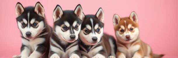 Cute and Adorable Siberian Husky Puppies Sitting Together on a Pink Background - Furry Friends with Innocent Expressions and Playful Energy photo