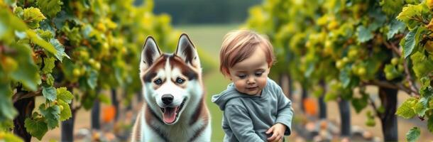 Toddler Boy Playing Happily with Puppy in Lush Vineyard Outdoors - Joyful Friendship and Exploration in Nature photo