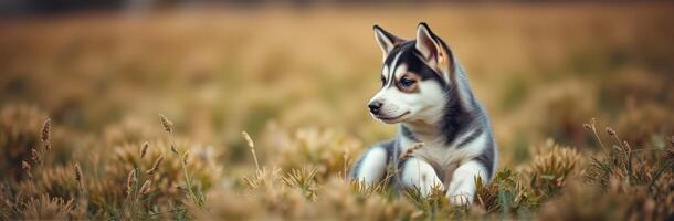 Cute Puppy Exploring Grass Field at Golden Hour - Adorable Siberian Husky in Nature photo