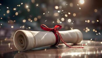 A diploma is wrapped with a red ribbon and lit with sparkles photo