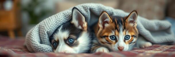 Cozy Kitten and Puppy Snuggling Together on Soft Blanket - Adorable Furry Friends Symbolizing Friendship and Companionship in Warm Tones photo