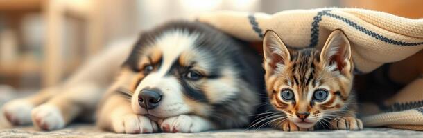 Cute Puppy and Kitten Snuggling Together Under a Blanket. Adorable Animal Friends Sharing Warmth and Comfort Indoors photo