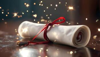 A rolled up piece of paper with a red ribbon photo