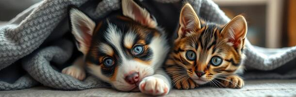 Adorable Puppy and Kitten Cuddling Together on a Cozy Blanket - Heartwarming Moment of Furry Friends with Blue Eyes and Soft Fur photo