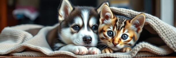 Cozy Companionship. Adorable Puppy and Kitten Snuggling Together on a Soft Blanket photo