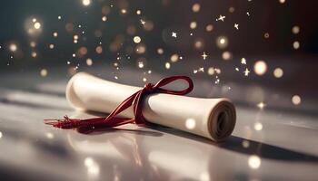 A diploma is wrapped with a red ribbon and a sparkly background photo