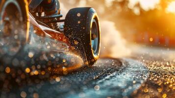A racing kart powers through a wet track at sunset, sending splashes of water into the air while surrounded by golden light and creating a stunning visual effect. photo