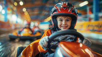 A young boy with a cheerful smile competes in a go kart race at an indoor track, surrounded by colorful karts and a lively setting during the late afternoon. photo