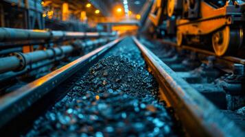 Coal is being moved along railway tracks inside an underground mine, illuminated by artificial lights to enhance visibility of the operation. Heavy machinery is present nearby. photo