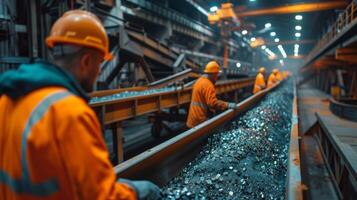At a mining facility, workers wearing safety gear diligently sort and process minerals on a conveyor belt, surrounded by machinery and bright lights during nighttime operations. photo