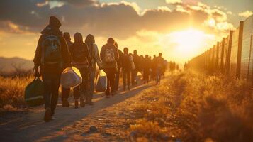 People are walking together along a dirt road carrying bags as the sun sets behind them, illuminating the landscape and casting long shadows along the route. photo