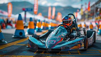 A kart racing driver wearing a helmet sits in a sleek kart, focused and ready to compete. Colorful cones and a lively atmosphere surround the racing area, reflecting an exciting event. photo