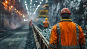 Miners in bright safety gear work diligently in a dimly lit tunnel, surrounded by piles of coal and active machinery, demonstrating the effort of coal extraction. photo