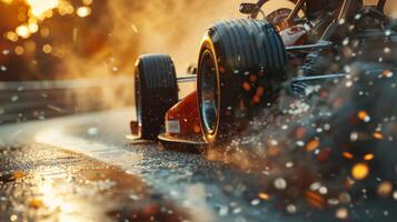 A racing car navigates a wet track, kicking up water and creating smoke as it accelerates. The sun sets in the background, adding a golden hue to the intense atmosphere. photo