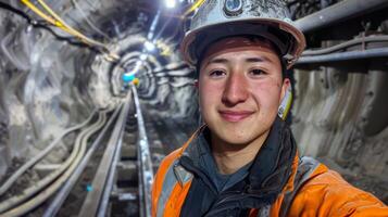 A young miner smiles while taking a selfie in a tunnel, showcasing rail tracks and bright lights along the walls. The environment highlights the hard work and dedication of underground labor. photo