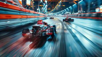 A thrilling kart racing event takes place on a brightly lit track under night skies. Competitors speed ahead, showcasing skill and excitement in every turn as the crowd cheers. photo