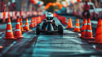 A young child in a go kart carefully maneuvers through a track lined with bright orange traffic cones, showcasing skills in a festive atmosphere filled with excitement and competition. photo