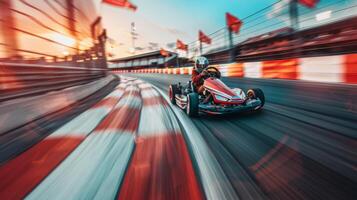 A go kart speeds along a winding track with red and white checkered patterns at sunset, creating a thrilling racing atmosphere infused with vibrant colors. photo