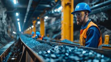 Miners wearing helmets and safety gear watch over coal being transported through a narrow rail system in a well lit surface mining tunnel. photo