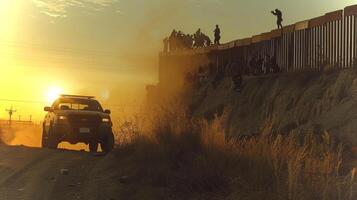 Under a vibrant sunset, border patrol agents observe from a height as a vehicle navigates the dusty terrain near the border wall, highlighting vigilance and activity at the border. photo