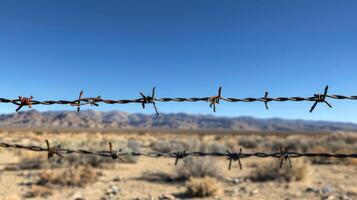 Barbed wire fence lines the edge of a dry and rugged landscape, showcasing desolate terrain and distant mountains against a bright blue sky. photo