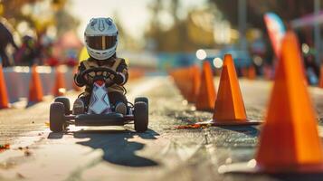 A young child in a helmet navigates a go kart around orange cones in an outdoor racing course filled with colorful autumn scenery, under the warm sun. photo