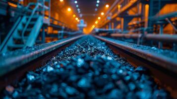 Coal is piled on railway tracks within a manufacturing facility, bathed in orange and blue industrial lighting, creating a striking visual effect in the evening. photo