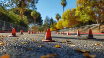 Traffic cones are scattered on a smooth park pathway covered with fallen leaves, surrounded by vibrant trees and a bright blue sky during a sunny autumn day. photo