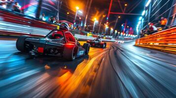 Two go karts speed around a brightly lit track during a thrilling night racing event, surrounded by spectators enjoying the electrifying atmosphere and excitement of the competition. photo