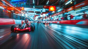 Competitors navigate a beautifully lit indoor go kart track, showcasing speed and skill in a thrilling race. The atmosphere is electric with colorful lights and cheering spectators. photo