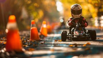 A young child in a black and pink kart races on a winding path lined with orange cones, surrounded by colorful fall foliage under a bright sky. photo