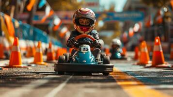 Young drivers are racing go karts at an outdoor track filled with colorful cones, showcasing their skills and excitement in a lively atmosphere during a sunny afternoon. photo