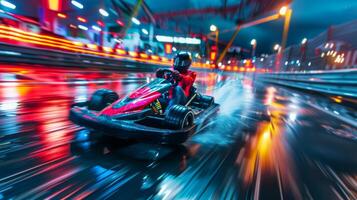 A racer skillfully maneuvers a go kart on a slick, wet track surrounded by colorful lights and reflections at night in a lively city atmosphere. photo