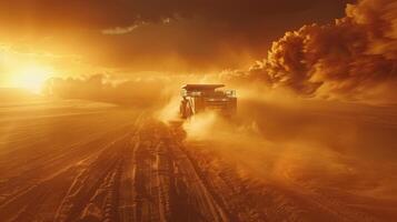 A powerful dust storm engulfs the landscape as heavy machinery moves steadily through the swirling sand, highlighting the intense conditions at sunset in a deserted area. photo