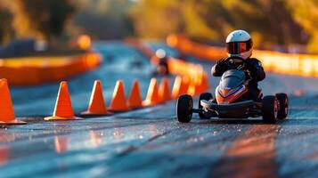 Young racers navigate a winding track marked with orange cones under a warm afternoon sun, showcasing their skills and determination in go karting. photo