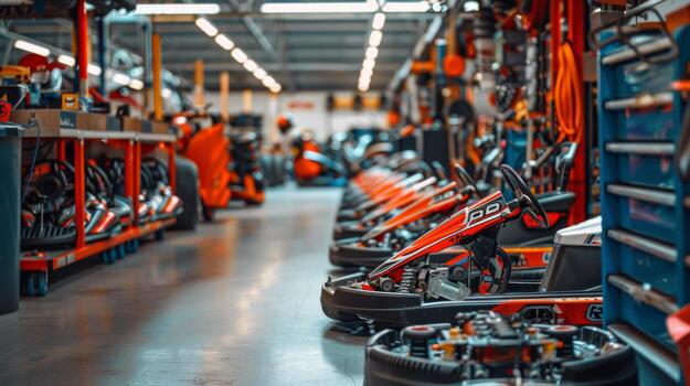 A row of go karts waits in a well equipped racing workshop, illuminated by bright overhead lights. Mechanics and enthusiasts prepare for a thrilling day on the track. photo