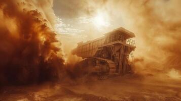 A massive mining vehicle navigates a dust storm, set against a dramatic landscape and glowing with the warm light of sunset, showcasing industrial work in tough conditions. photo