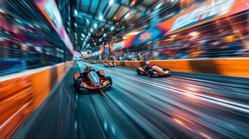 Go karts race at lightning speed on a colorful indoor track with spectators cheering. The atmosphere is electric with excitement as competitors navigate sharp turns. photo