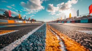 A captivating view of a race track showcases the vivid colors of the lanes and decorative flags, fluttering in the wind beneath a bright blue sky with fluffy clouds. photo