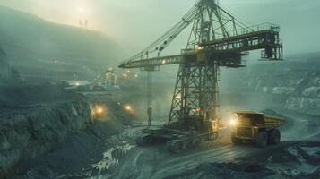 Large mining equipment works diligently at a quarry, illuminated by artificial lights amidst fog. The environment highlights the scale and effort of mineral extraction during dusk. photo