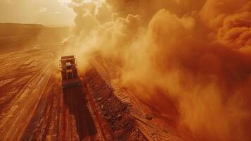 A large dump truck navigates through a dusty open pit mining site as clouds of dust swirl in the warm sunset light, creating an atmospheric scene of industrial activity. photo