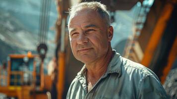 A miner with gray hair wears a light colored work shirt, looking directly at the camera while surrounded by heavy machinery. Mountains rise in the background, highlighting the rugged terrain. photo