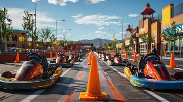 Go karts line up along a colorful racing track, surrounded by orange cones and a lively shopping area, showcasing a sunny day with clear blue skies and distant mountains in the background. photo